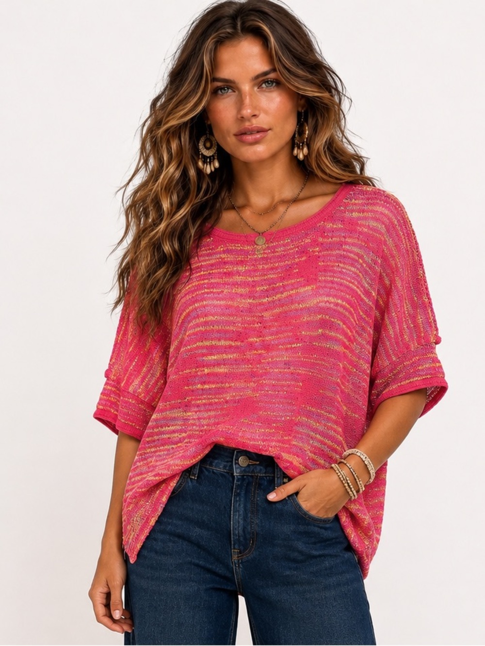Easel Pink Multi Knit Short Sleeve Sweater